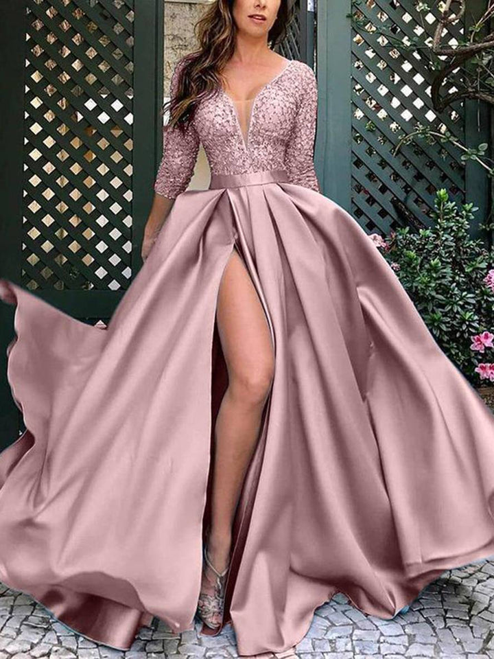 Levoire | Maxi Longue Robe Avec Dentelle Décolleté En V Élegante Femme Cérémonie De Soirée Rosa