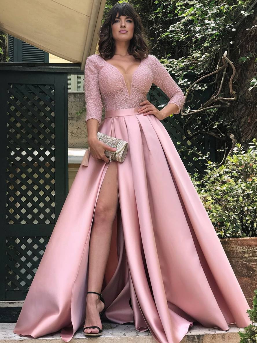 Levoire | Maxi Longue Robe Avec Dentelle Décolleté En V Élegante Femme Cérémonie De Soirée