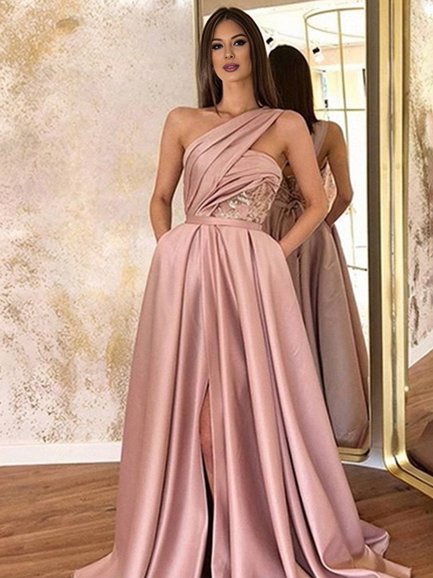 Levoire | Robe De Soirée Longue À Épaule Asymétrique Fente Élégante Pour Dames Robe De Bal Rose Rosa