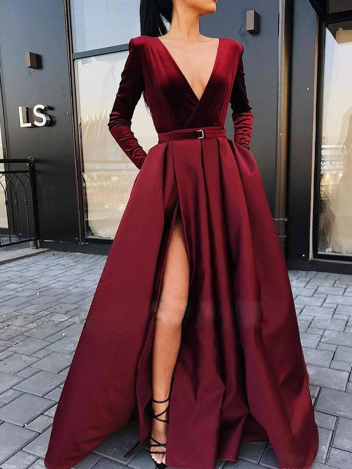 Levoire | Robe En Flanelle Longue À Col En V Avec Fente Latérale Et Ceinture À Manches Longues Pour Femmes Élégante Soirée Bal Bal De Fin D'Année Bordeaux