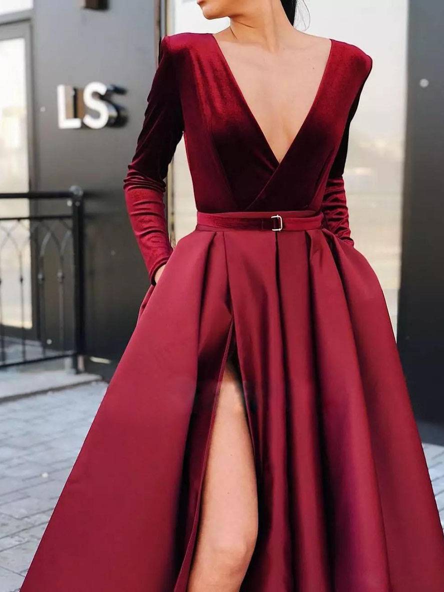 Levoire | Robe En Flanelle Longue À Col En V Avec Fente Latérale Et Ceinture À Manches Longues Pour Femmes Élégante Soirée Bal Bal De Fin D'Année
