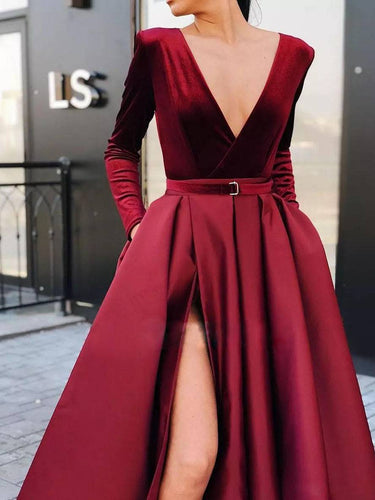 Levoire | Robe En Flanelle Longue À Col En V Avec Fente Latérale Et Ceinture À Manches Longues Pour Femmes Élégante Soirée Bal Bal De Fin D'Année