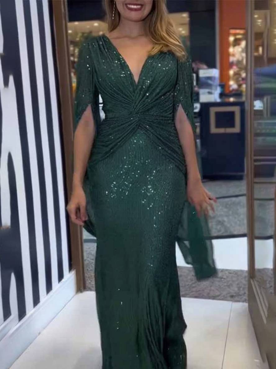 Levoire | Robe De Soirée Longue À Décolleté En V Brillant Avec Sequins, Manches À Nœud, Manches Fendues Vert