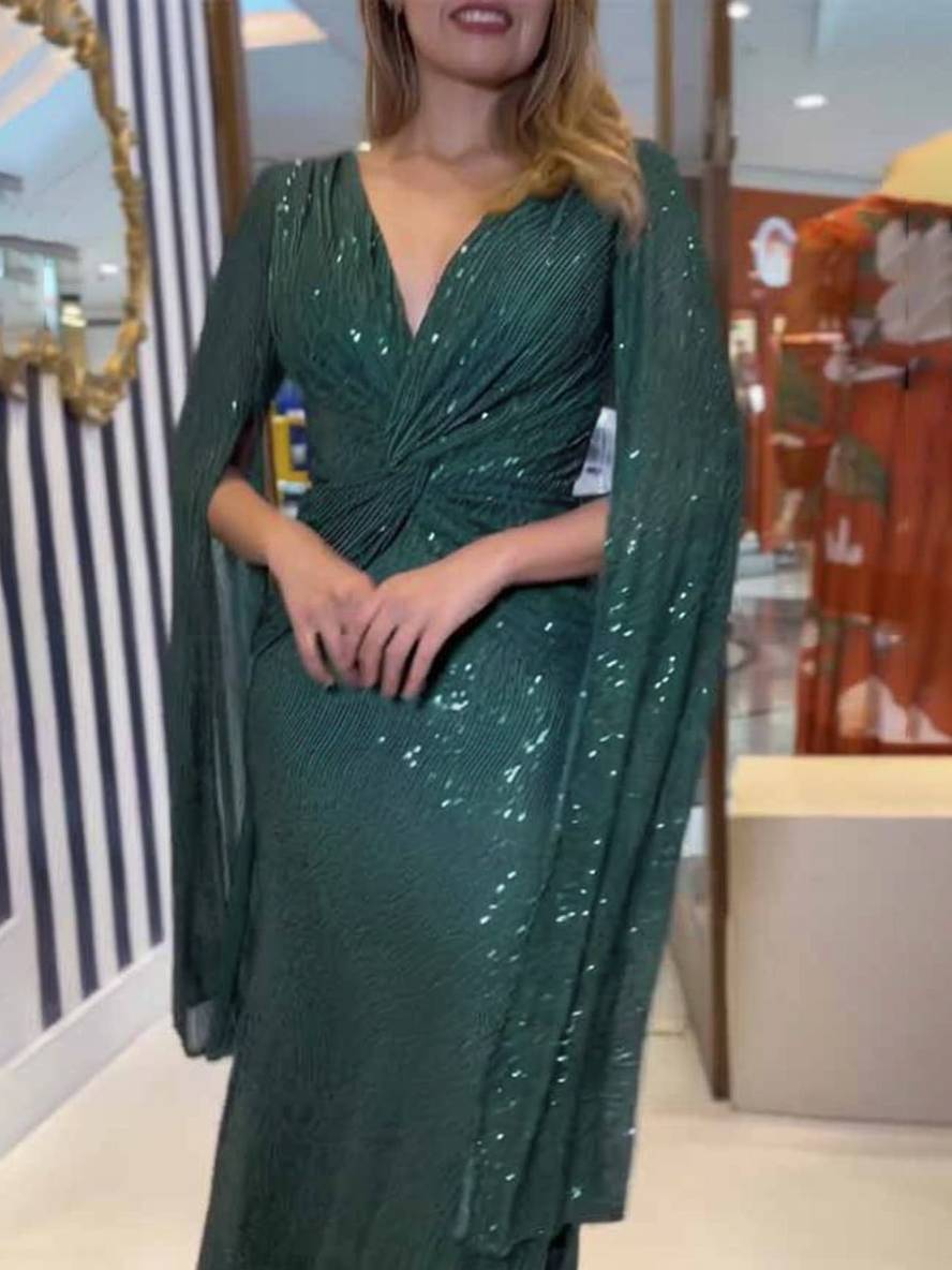 Levoire | Robe De Soirée Longue À Décolleté En V Brillant Avec Sequins, Manches À Nœud, Manches Fendues