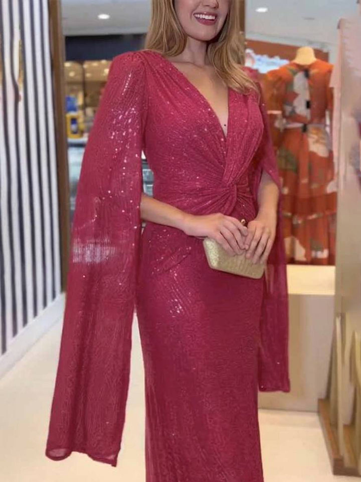 Levoire | Robe De Soirée Longue À Décolleté En V Brillant Avec Sequins, Manches À Nœud, Manches Fendues