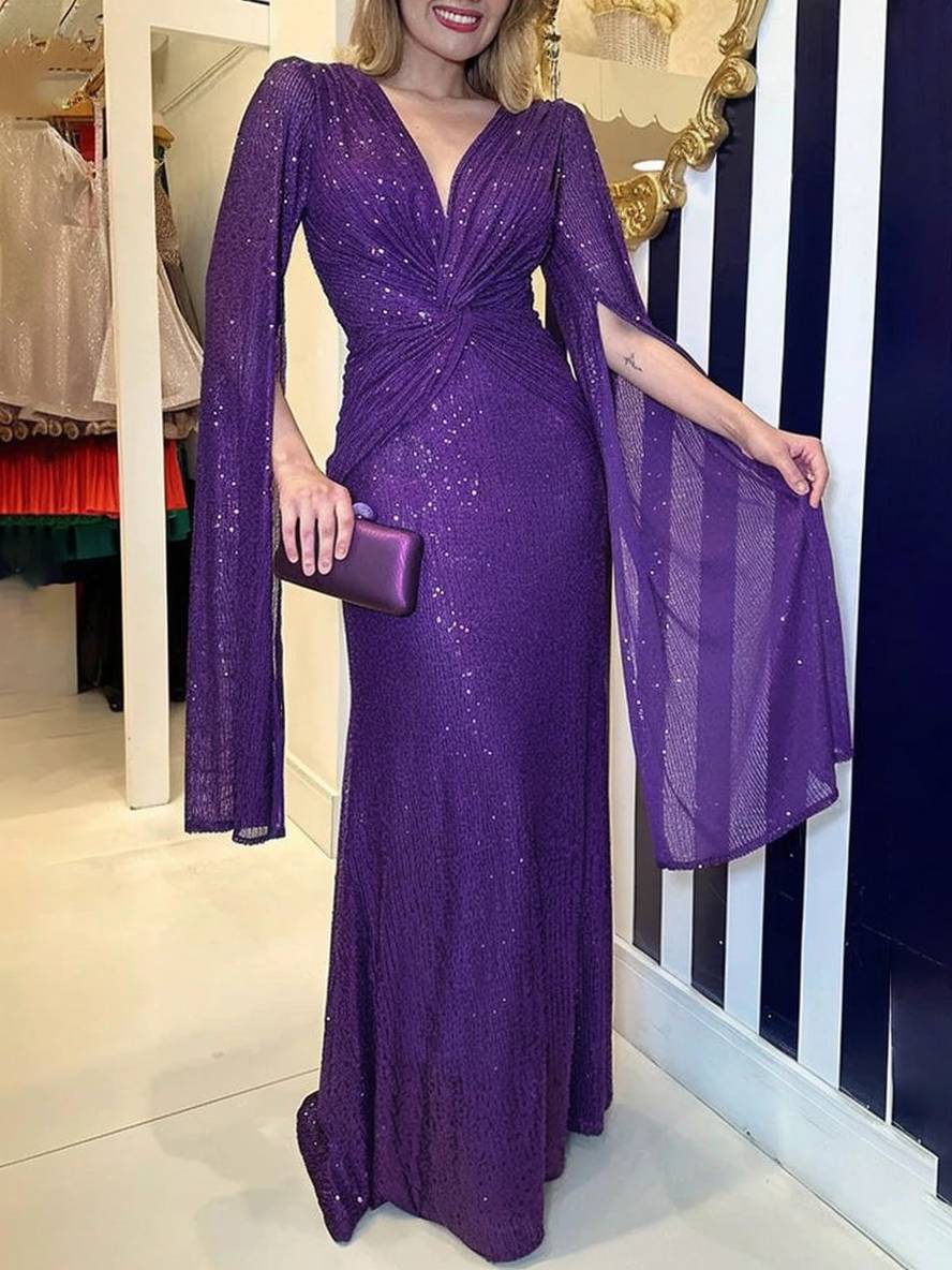 Levoire | Robe De Soirée Longue À Décolleté En V Brillant Avec Sequins, Manches À Nœud, Manches Fendues Violet
