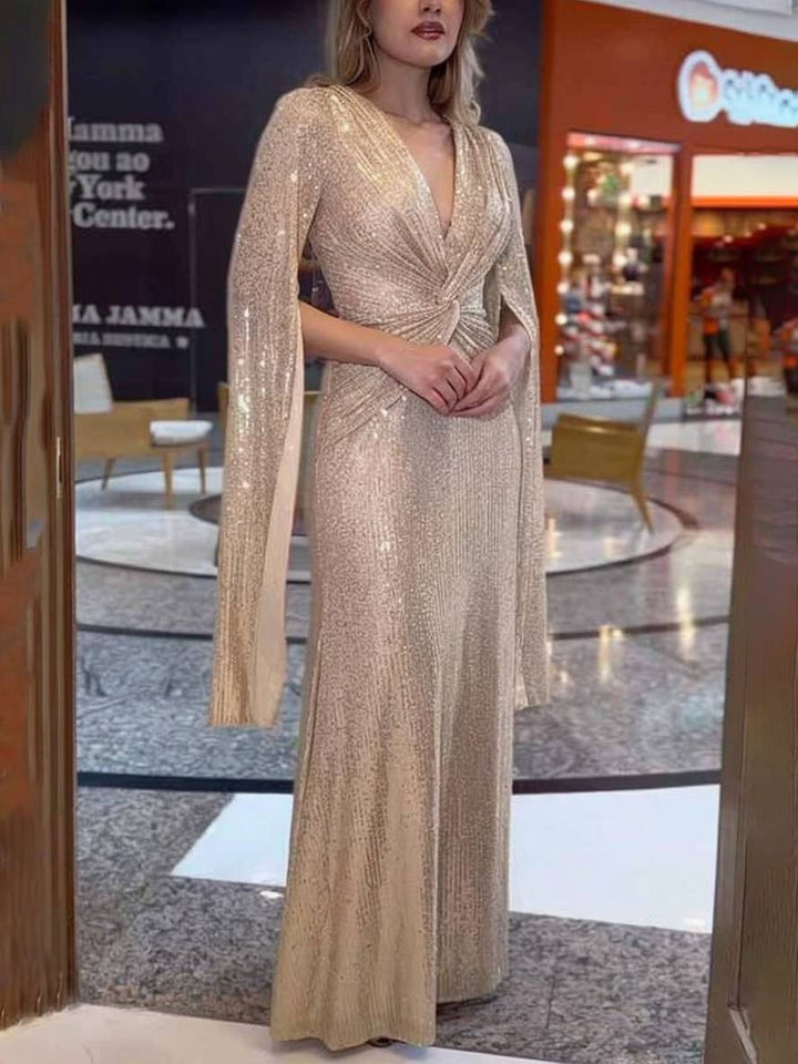 Levoire | Robe De Soirée Longue À Décolleté En V Brillant Avec Sequins, Manches À Nœud, Manches Fendues Champagne