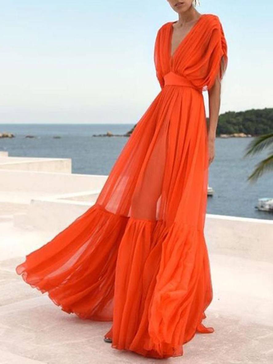 Levoire | Robe De Plage Longue En Chiffon Fluide Décolleté Dos Manches Chauve-Souris À Manches Courtes Élégante Soirée Pour Dames