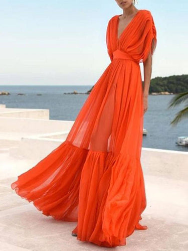 Levoire | Robe De Plage Longue En Chiffon Fluide Décolleté Dos Manches Chauve-Souris À Manches Courtes Élégante Soirée Pour Dames