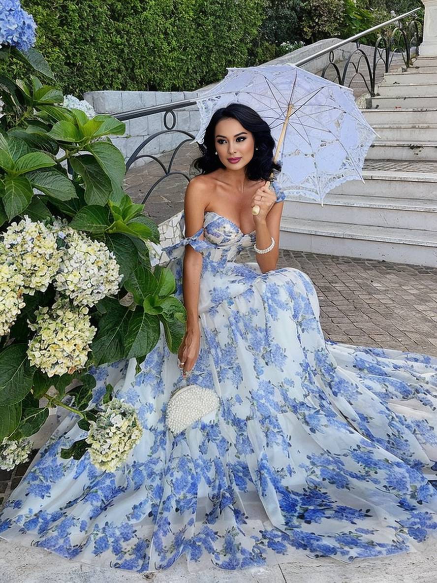 Levoire | Robe De Soirée Longue Imprimée Avec Des Fleurs En Chiffon Nœud Bustier Sans Manches Pour Dames Élégante Vintage Bal De Fin D'Études Bleu