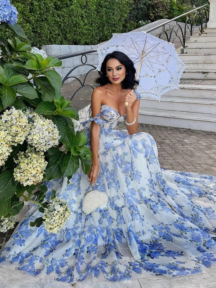 Levoire | Robe De Soirée Longue Imprimée Avec Des Fleurs En Chiffon Nœud Bustier Sans Manches Pour Dames Élégante Vintage Bal De Fin D'Études Bleu