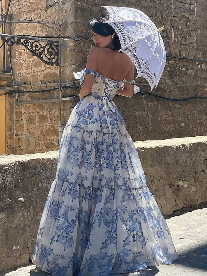 Levoire | Robe De Soirée Longue Imprimée Avec Des Fleurs En Chiffon Nœud Bustier Sans Manches Pour Dames Élégante Vintage Bal De Fin D'Études