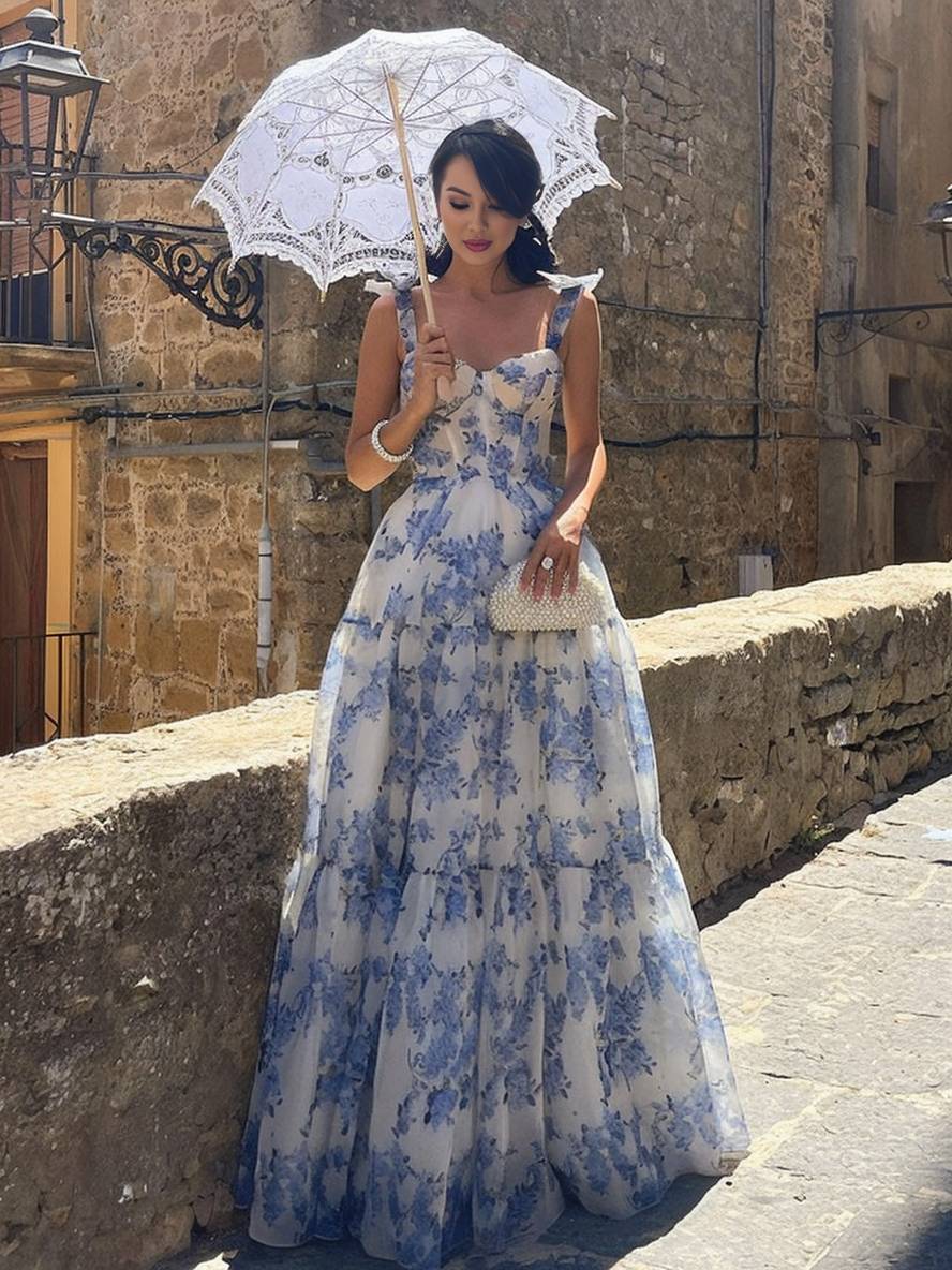 Levoire | Robe De Soirée Longue Imprimée Avec Des Fleurs En Chiffon Nœud Bustier Sans Manches Pour Dames Élégante Vintage Bal De Fin D'Études