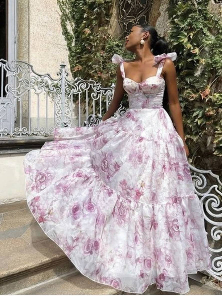 Levoire | Robe De Soirée Longue Imprimée Avec Des Fleurs En Chiffon Nœud Bustier Sans Manches Pour Dames Élégante Vintage Bal De Fin D'Études Lilas