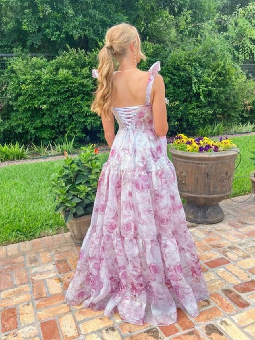 Levoire | Robe De Soirée Longue Imprimée Avec Des Fleurs En Chiffon Nœud Bustier Sans Manches Pour Dames Élégante Vintage Bal De Fin D'Études