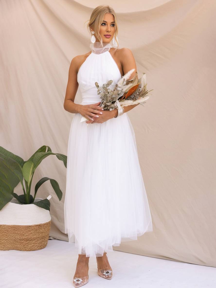 Levoire | Robe Longue En A À Encolure Halter En Tulle, Tutu, Nœud Papillon, Sans Manches, Pour Femmes, Douce, Élégante, Soirée, Bal De Promo Blanc