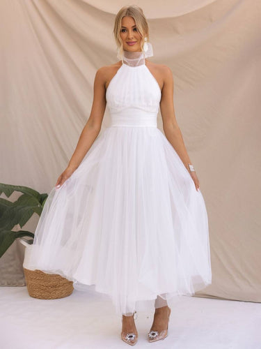 Levoire | Robe Longue En A À Encolure Halter En Tulle, Tutu, Nœud Papillon, Sans Manches, Pour Femmes, Douce, Élégante, Soirée, Bal De Promo