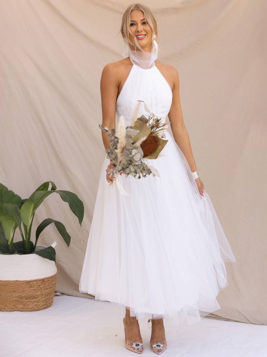 Levoire | Robe Longue En A À Encolure Halter En Tulle, Tutu, Nœud Papillon, Sans Manches, Pour Femmes, Douce, Élégante, Soirée, Bal De Promo