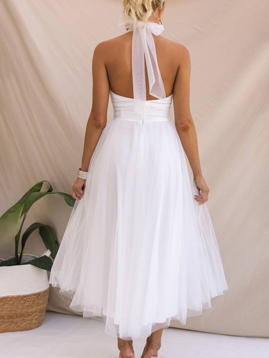 Levoire | Robe Longue En A À Encolure Halter En Tulle, Tutu, Nœud Papillon, Sans Manches, Pour Femmes, Douce, Élégante, Soirée, Bal De Promo