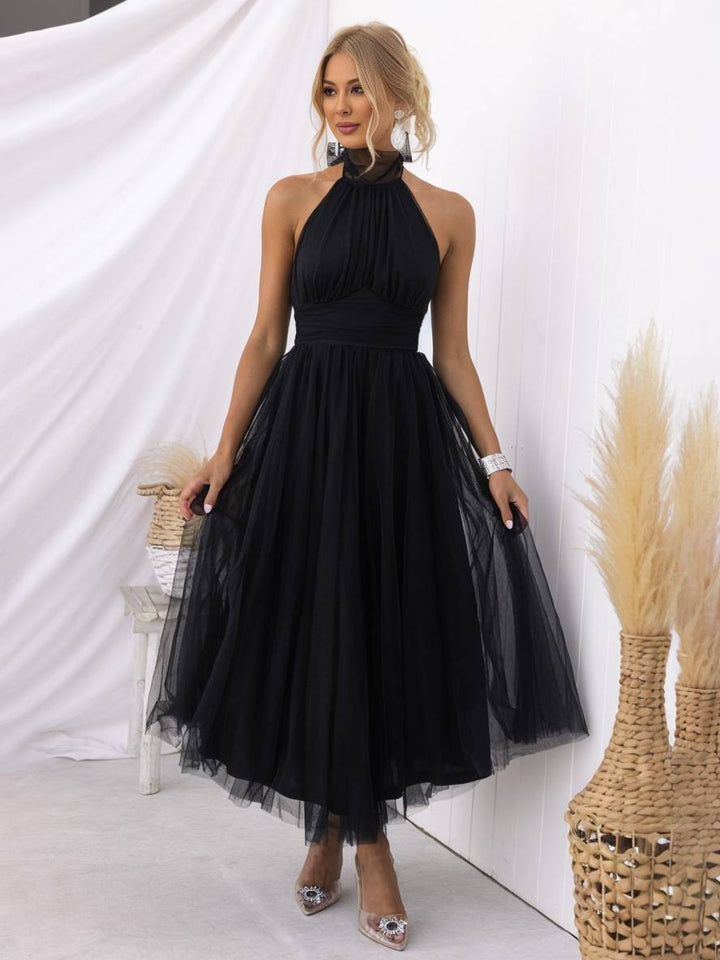 Levoire | Robe Longue En A À Encolure Halter En Tulle, Tutu, Nœud Papillon, Sans Manches, Pour Femmes, Douce, Élégante, Soirée, Bal De Promo Noir