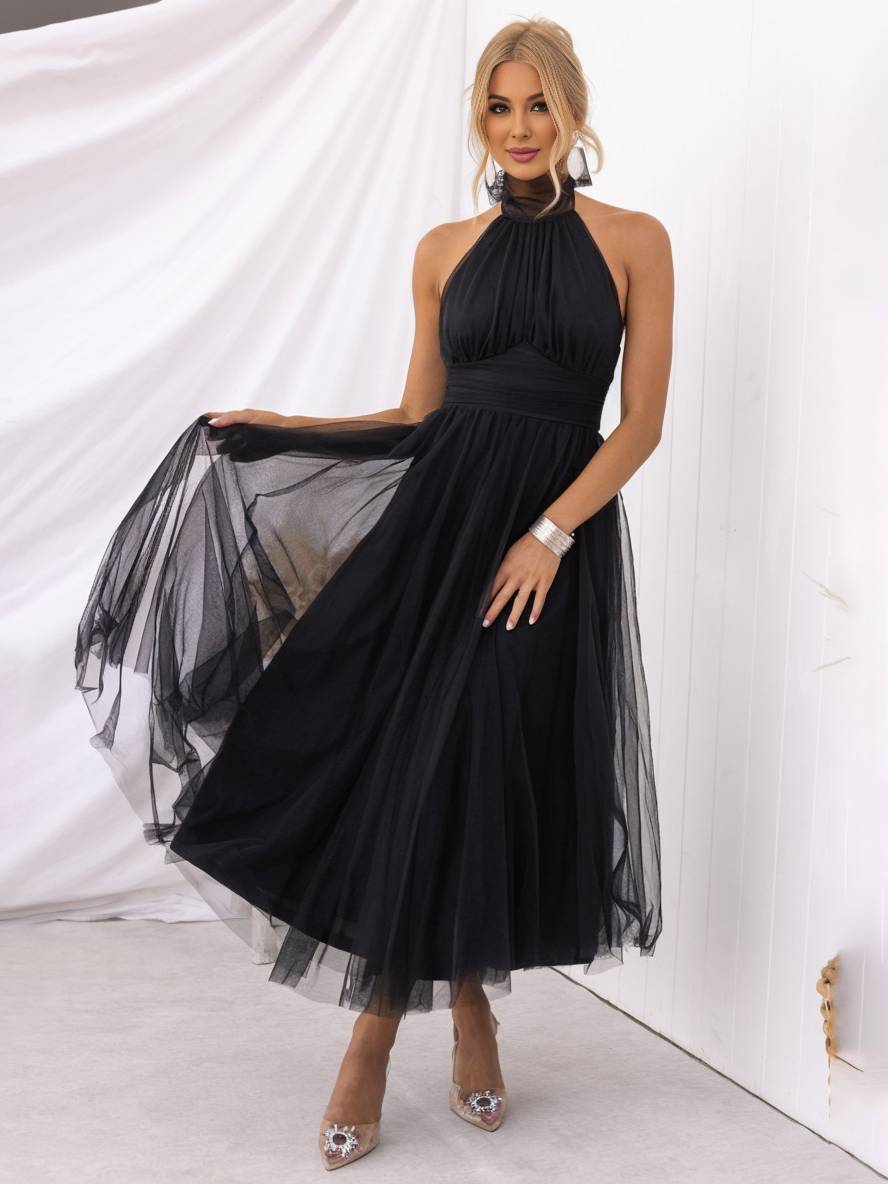 Levoire | Robe Longue En A À Encolure Halter En Tulle, Tutu, Nœud Papillon, Sans Manches, Pour Femmes, Douce, Élégante, Soirée, Bal De Promo