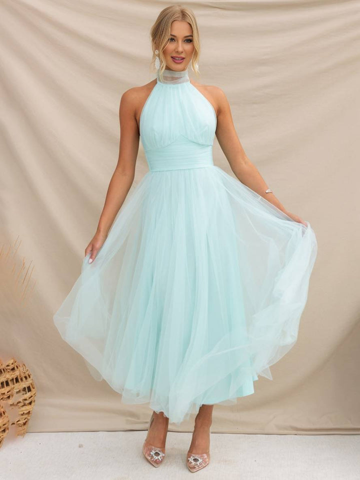 Levoire | Robe Longue En A À Encolure Halter En Tulle, Tutu, Nœud Papillon, Sans Manches, Pour Femmes, Douce, Élégante, Soirée, Bal De Promo Vert