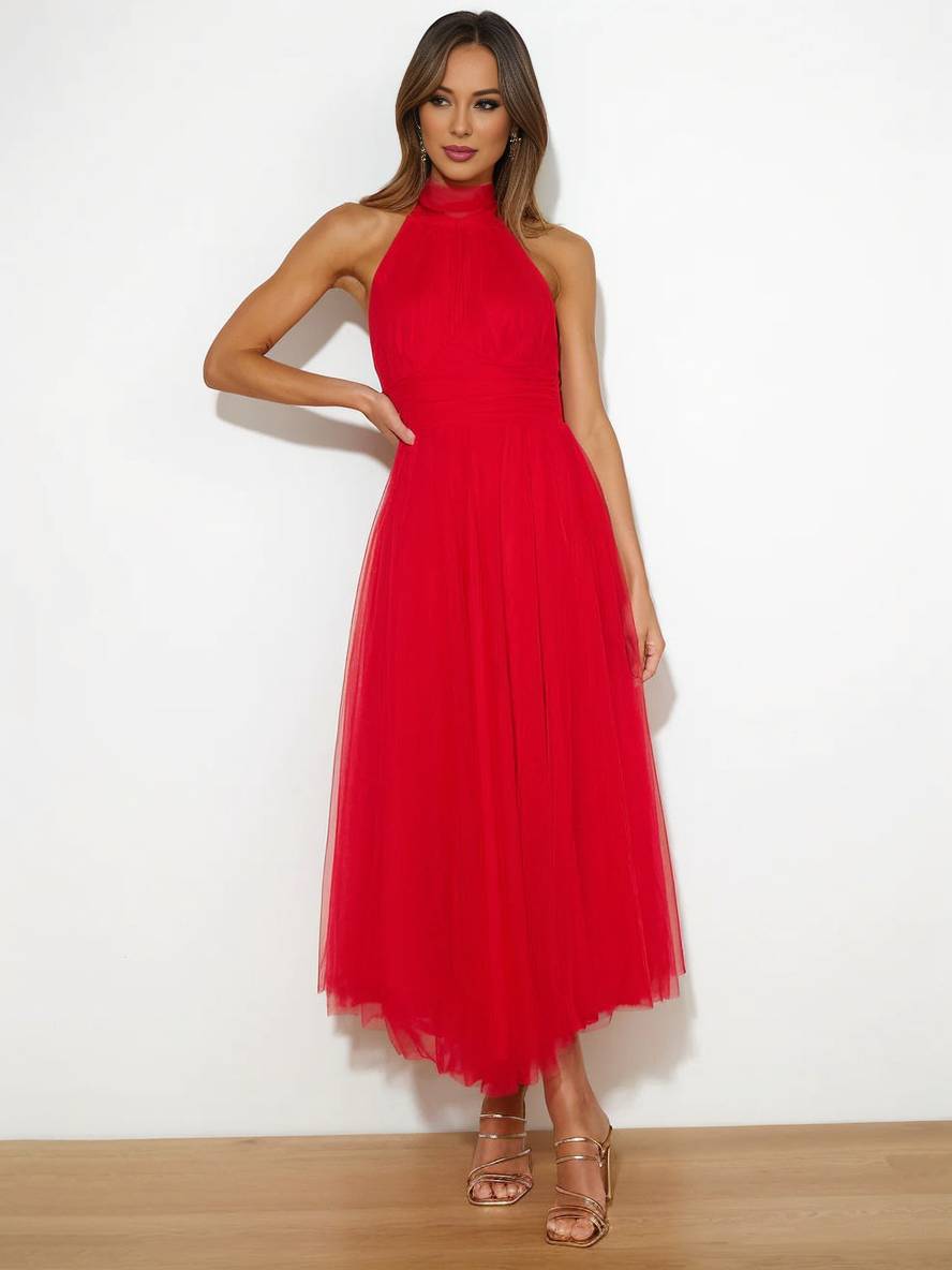 Levoire | Robe Longue En A À Encolure Halter En Tulle, Tutu, Nœud Papillon, Sans Manches, Pour Femmes, Douce, Élégante, Soirée, Bal De Promo Rot