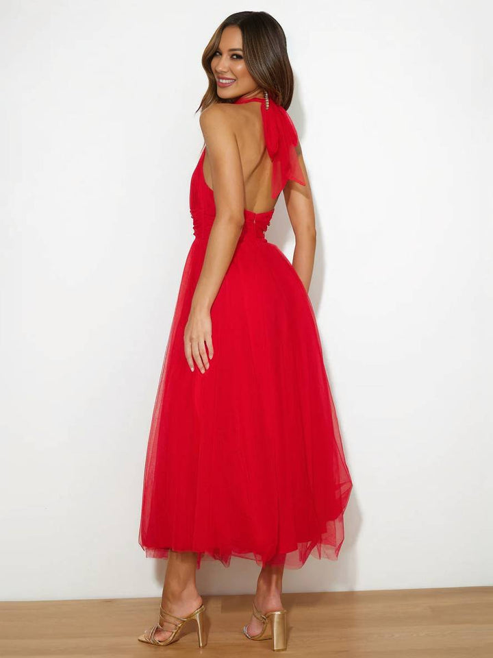 Levoire | Robe Longue En A À Encolure Halter En Tulle, Tutu, Nœud Papillon, Sans Manches, Pour Femmes, Douce, Élégante, Soirée, Bal De Promo