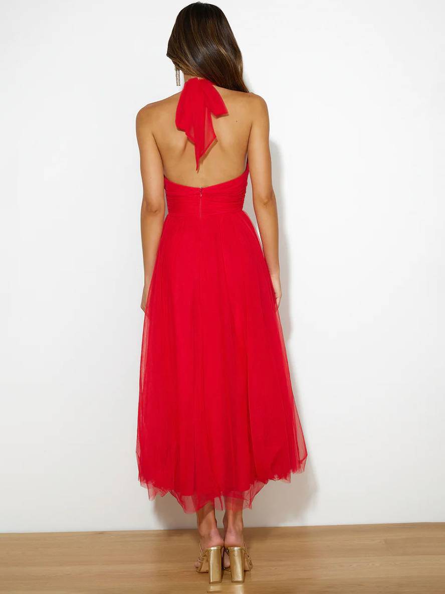 Levoire | Robe Longue En A À Encolure Halter En Tulle, Tutu, Nœud Papillon, Sans Manches, Pour Femmes, Douce, Élégante, Soirée, Bal De Promo