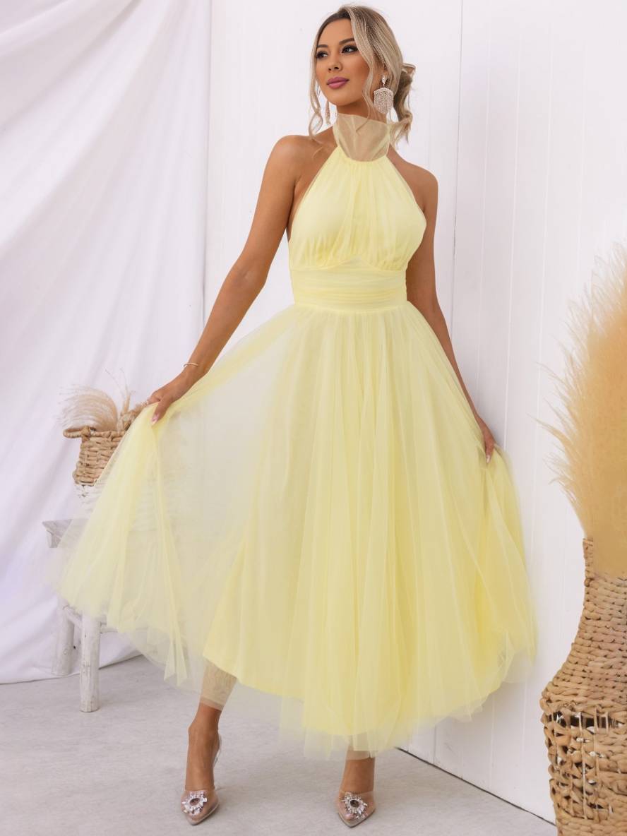 Levoire | Robe Longue En A À Encolure Halter En Tulle, Tutu, Nœud Papillon, Sans Manches, Pour Femmes, Douce, Élégante, Soirée, Bal De Promo Jaune