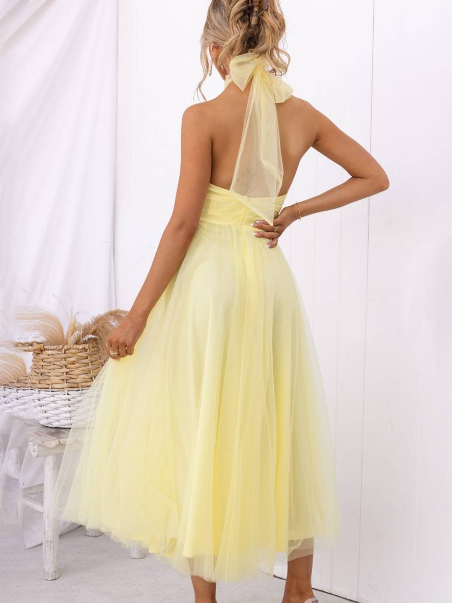 Levoire | Robe Longue En A À Encolure Halter En Tulle, Tutu, Nœud Papillon, Sans Manches, Pour Femmes, Douce, Élégante, Soirée, Bal De Promo
