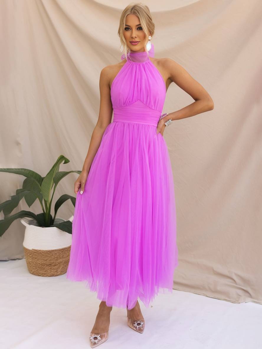 Levoire | Robe Longue En A À Encolure Halter En Tulle, Tutu, Nœud Papillon, Sans Manches, Pour Femmes, Douce, Élégante, Soirée, Bal De Promo