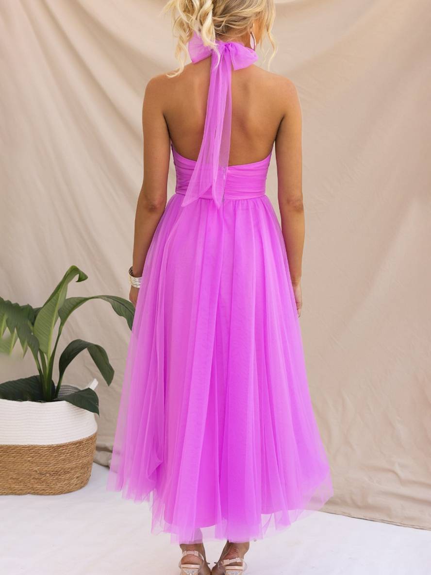 Levoire | Robe Longue En A À Encolure Halter En Tulle, Tutu, Nœud Papillon, Sans Manches, Pour Femmes, Douce, Élégante, Soirée, Bal De Promo
