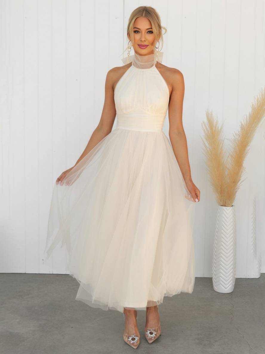 Levoire | Robe Longue En A À Encolure Halter En Tulle, Tutu, Nœud Papillon, Sans Manches, Pour Femmes, Douce, Élégante, Soirée, Bal De Promo Abricot