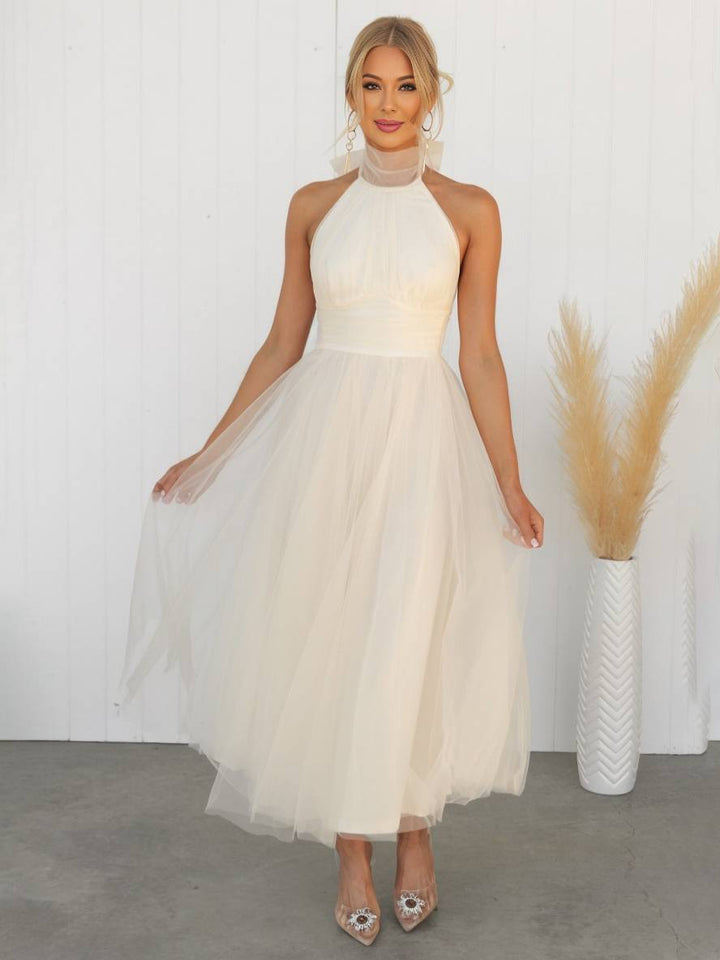 Levoire | Robe Longue En A À Encolure Halter En Tulle, Tutu, Nœud Papillon, Sans Manches, Pour Femmes, Douce, Élégante, Soirée, Bal De Promo Abricot