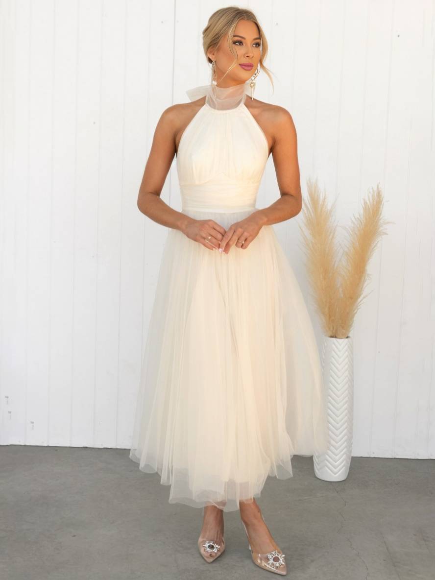 Levoire | Robe Longue En A À Encolure Halter En Tulle, Tutu, Nœud Papillon, Sans Manches, Pour Femmes, Douce, Élégante, Soirée, Bal De Promo