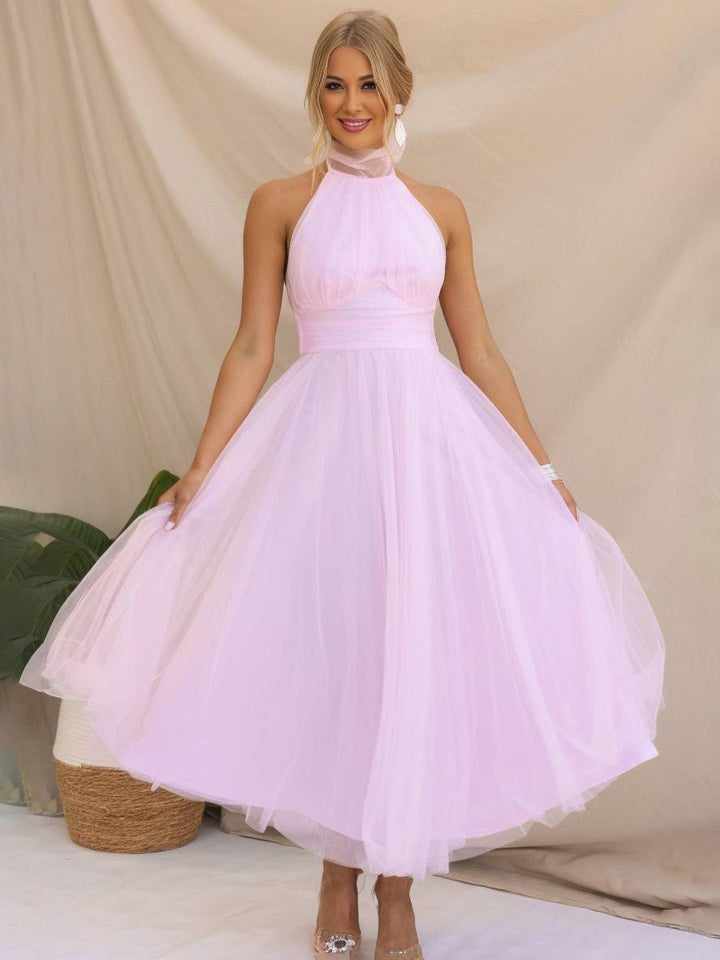 Levoire | Robe Longue En A À Encolure Halter En Tulle, Tutu, Nœud Papillon, Sans Manches, Pour Femmes, Douce, Élégante, Soirée, Bal De Promo Rosa