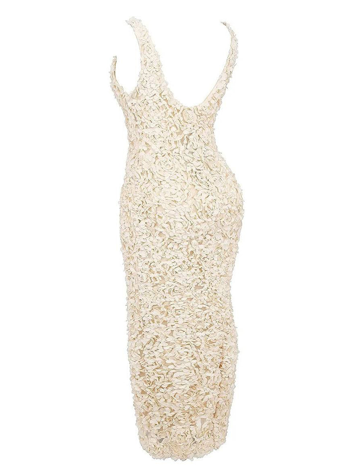 Levoire | Robe Longue Fendue Ajustée Appliques Décolleté Plongeant Sans Manches Élégante Robe De Soirée Pour Mariage