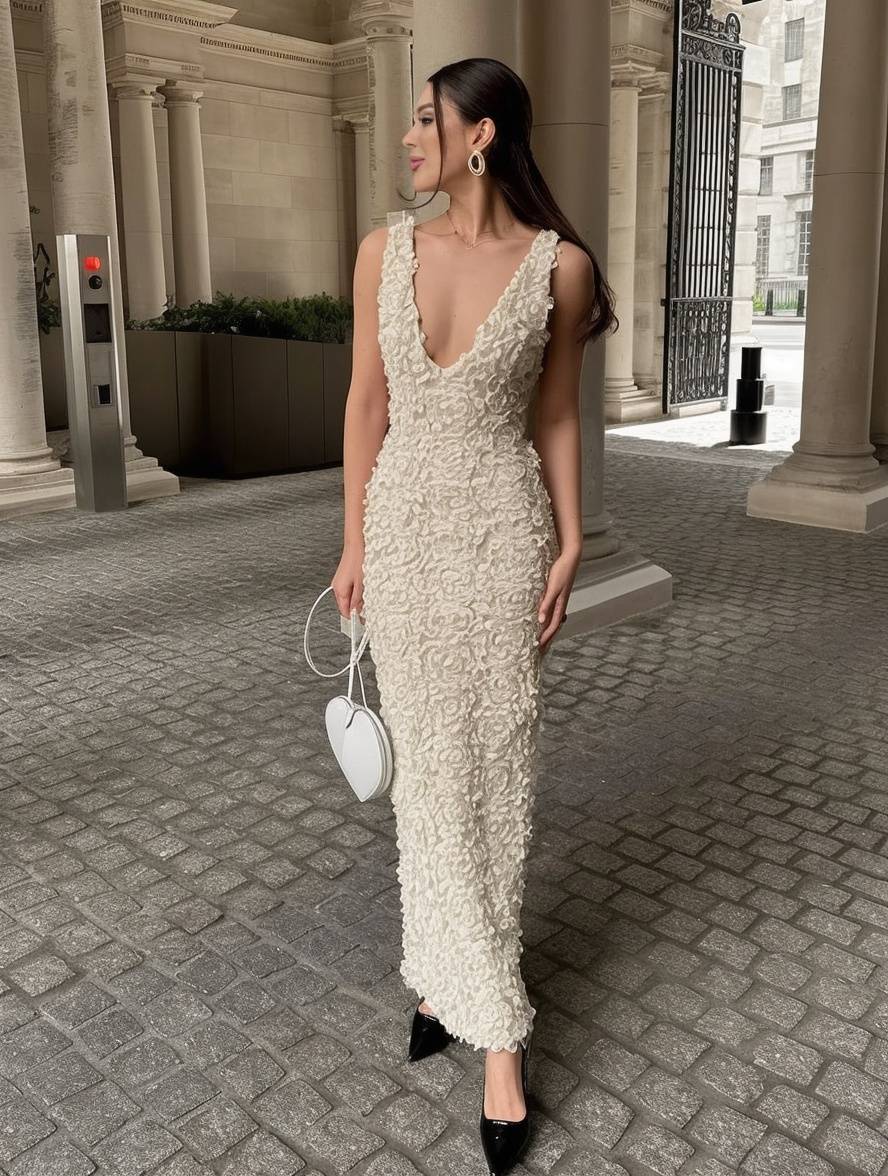 Levoire | Robe Longue Fendue Ajustée Appliques Décolleté Plongeant Sans Manches Élégante Robe De Soirée Pour Mariage