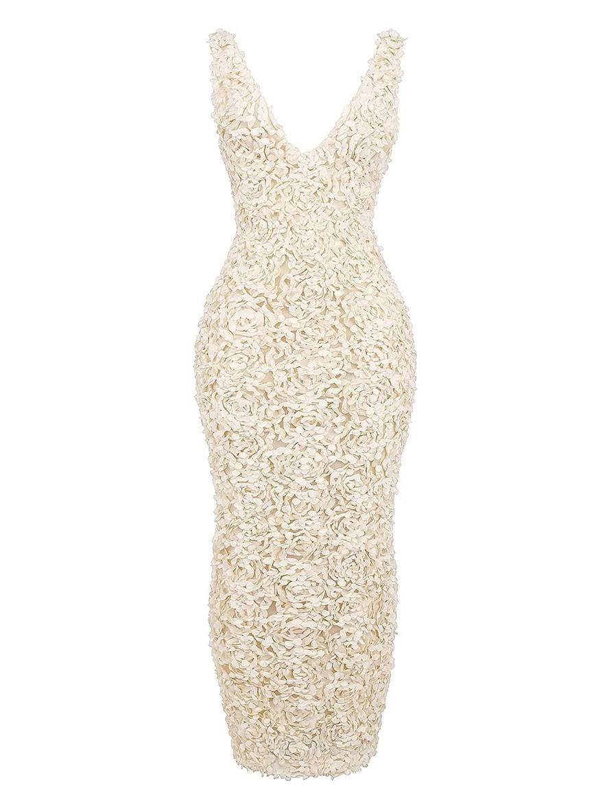 Levoire | Robe Longue Fendue Ajustée Appliques Décolleté Plongeant Sans Manches Élégante Robe De Soirée Pour Mariage