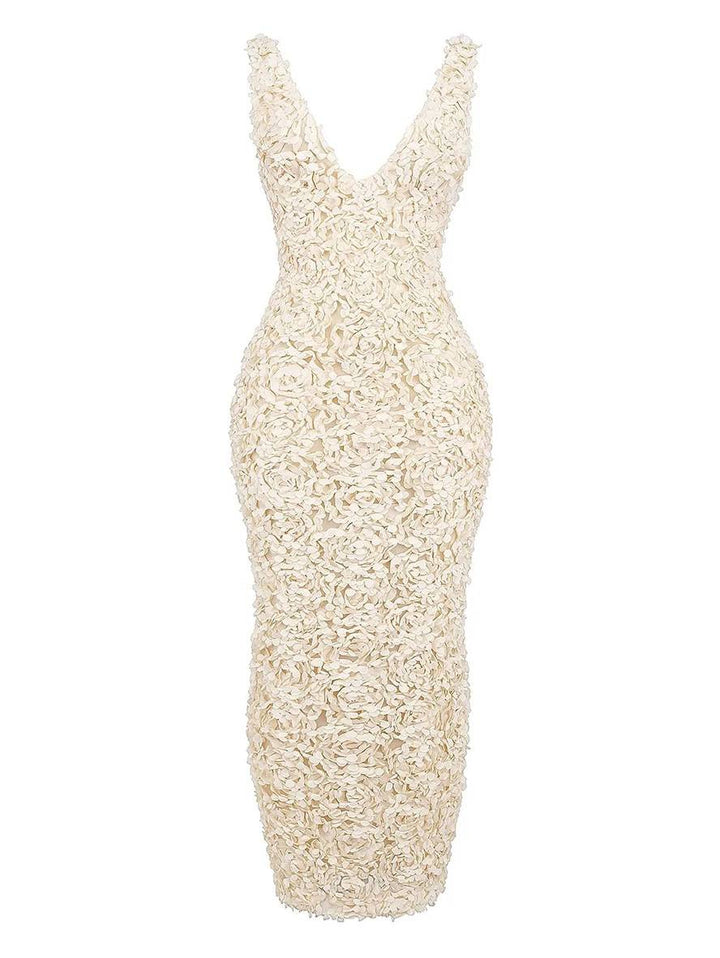 Levoire | Robe Longue Fendue Ajustée Appliques Décolleté Plongeant Sans Manches Élégante Robe De Soirée Pour Mariage