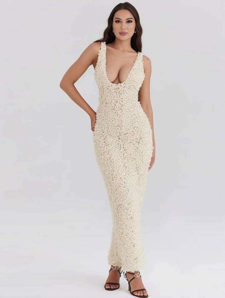 Levoire | Robe Longue Fendue Ajustée Appliques Décolleté Plongeant Sans Manches Élégante Robe De Soirée Pour Mariage