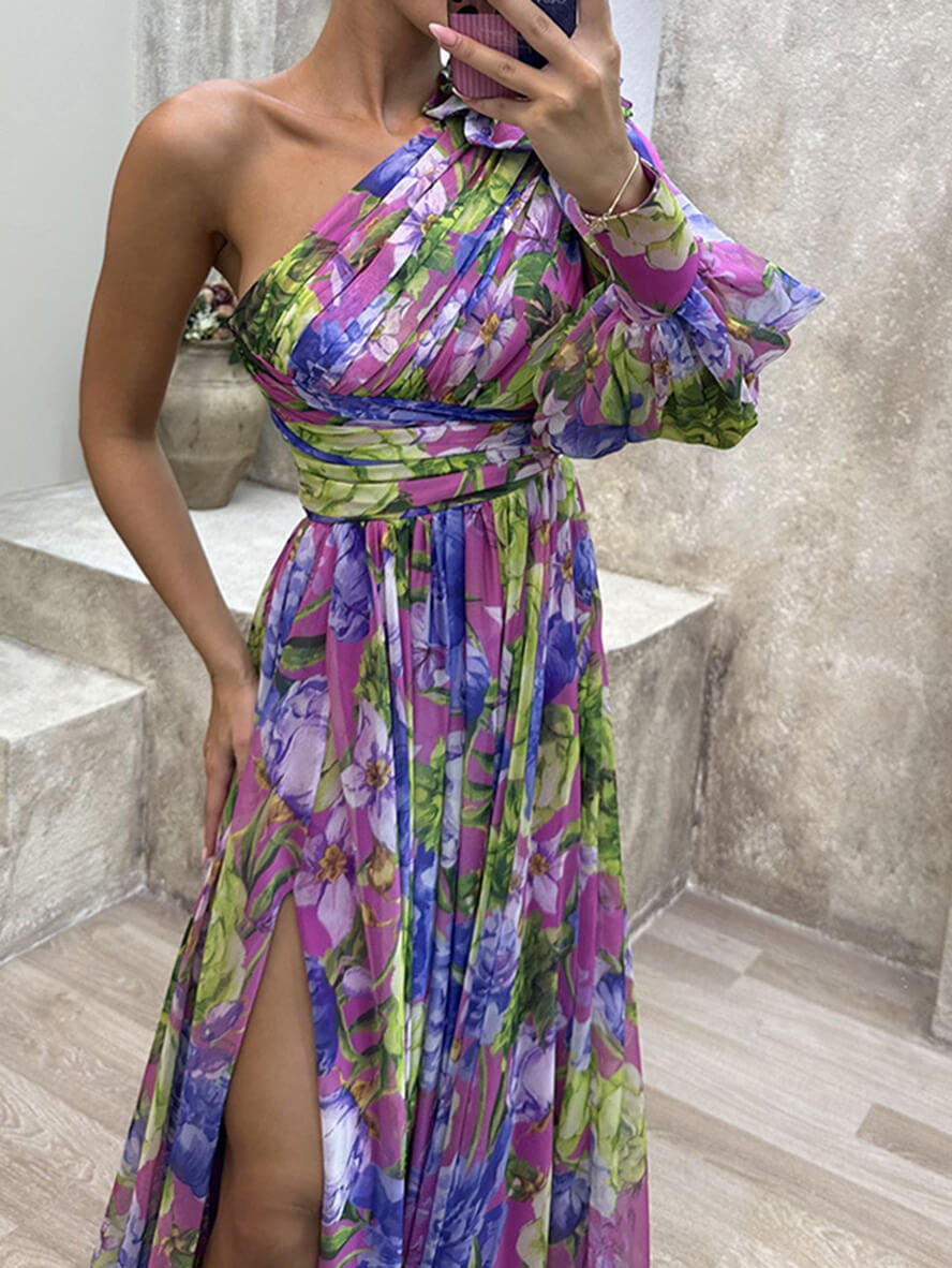 Levoire | Robe Longue À Motif Floral Avec Fentes Une Épaule Manches Évêque Manches Longues Femmes Élégante Loisirs Soirée Bal Masqué