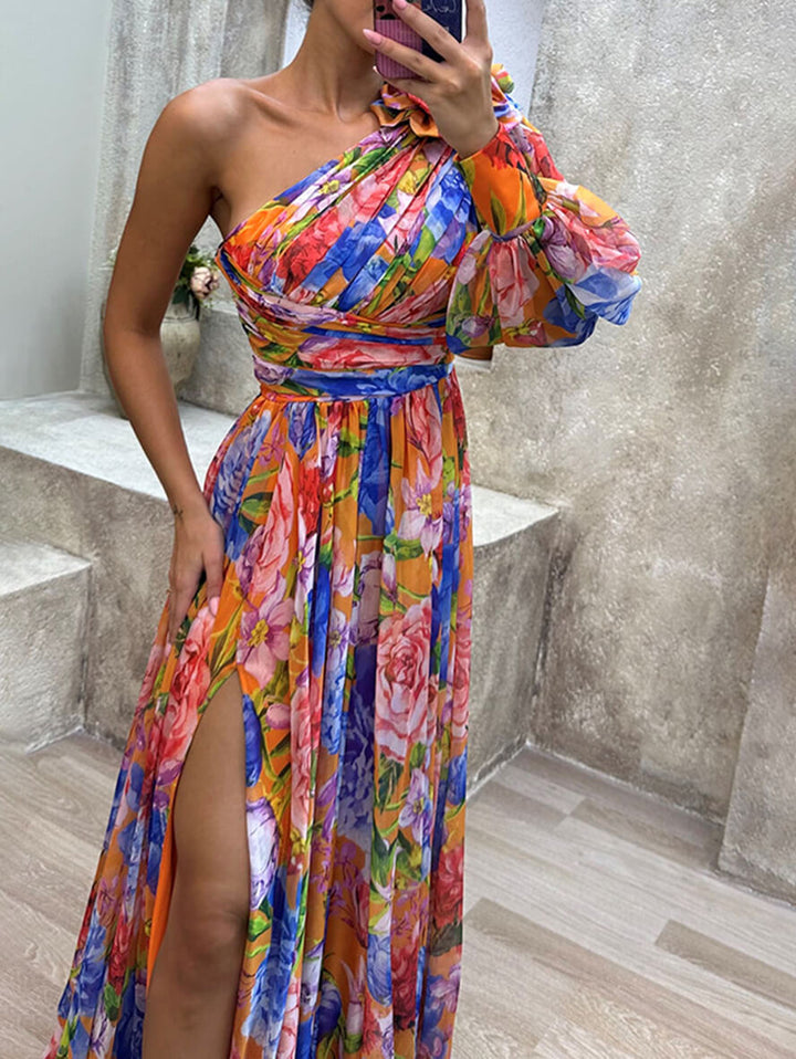 Levoire | Robe Longue À Motif Floral Avec Fentes Une Épaule Manches Évêque Manches Longues Femmes Élégante Loisirs Soirée Bal Masqué