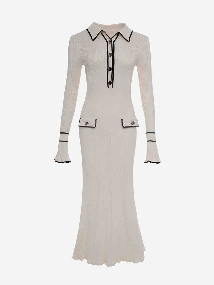 Levoire | Robe Pull Longue Polo Serrée Manches Évasées Manches Longues Fermeture Boutonnée Poches Élégant Femmes Bal De Fin D'Année