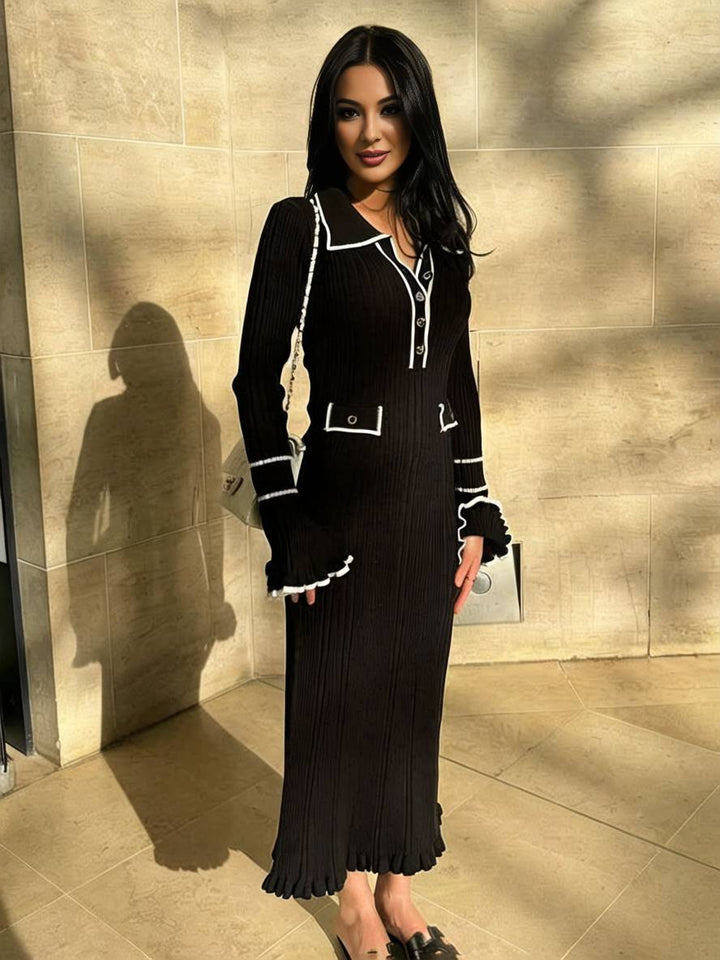 Levoire | Robe Pull Longue Polo Serrée Manches Évasées Manches Longues Fermeture Boutonnée Poches Élégant Femmes Bal De Fin D'Année