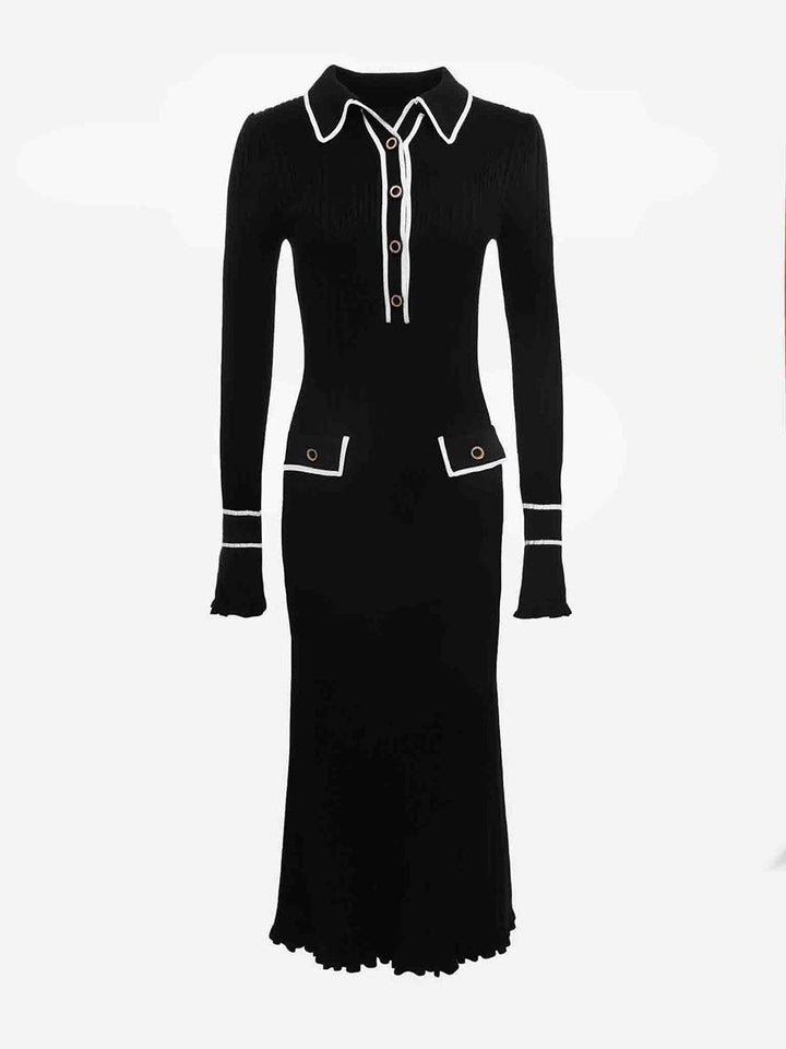 Levoire | Robe Pull Longue Polo Serrée Manches Évasées Manches Longues Fermeture Boutonnée Poches Élégant Femmes Bal De Fin D'Année