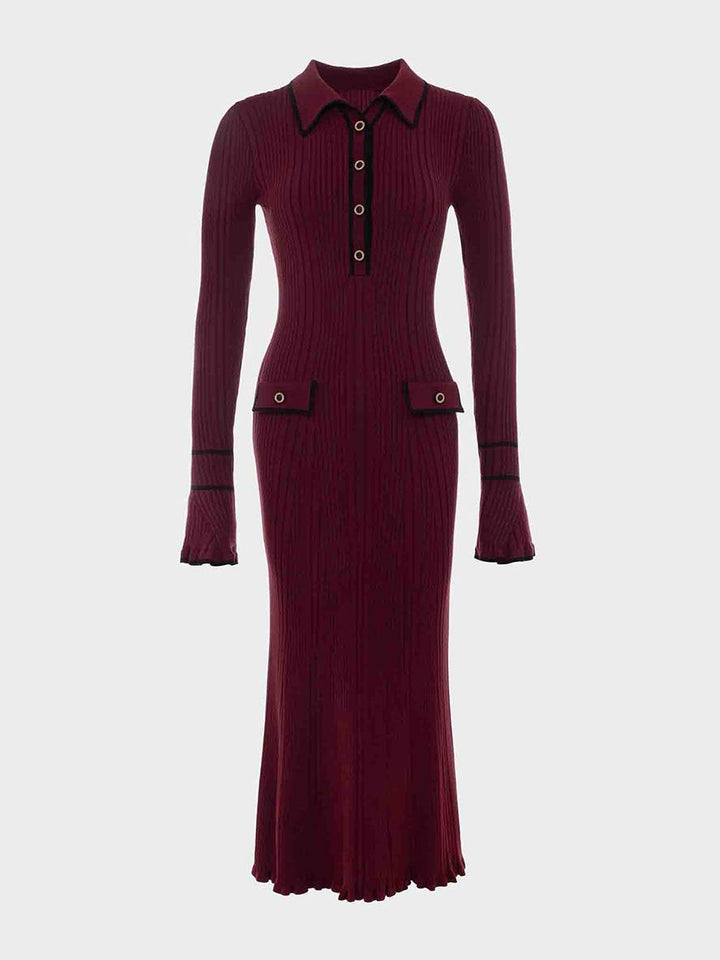 Levoire | Robe Pull Longue Polo Serrée Manches Évasées Manches Longues Fermeture Boutonnée Poches Élégant Femmes Bal De Fin D'Année