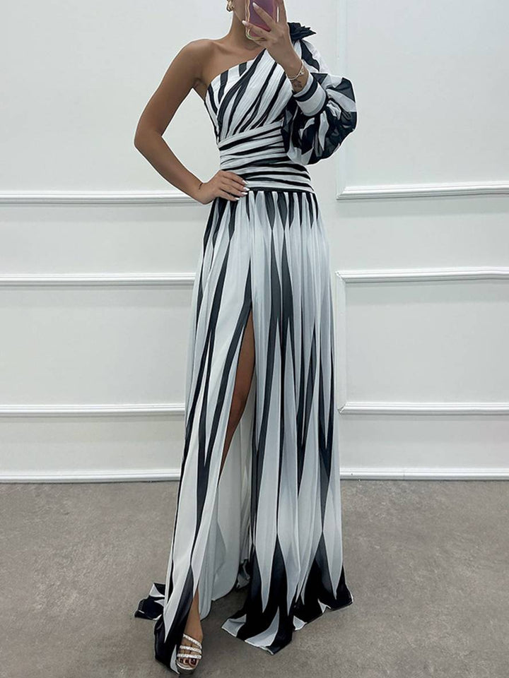 Levoire | Robe Longue Motif Zèbre Avec Fente Sur Le Côté Fluide Une Épaule Dames Élégant Soir Bal Promo