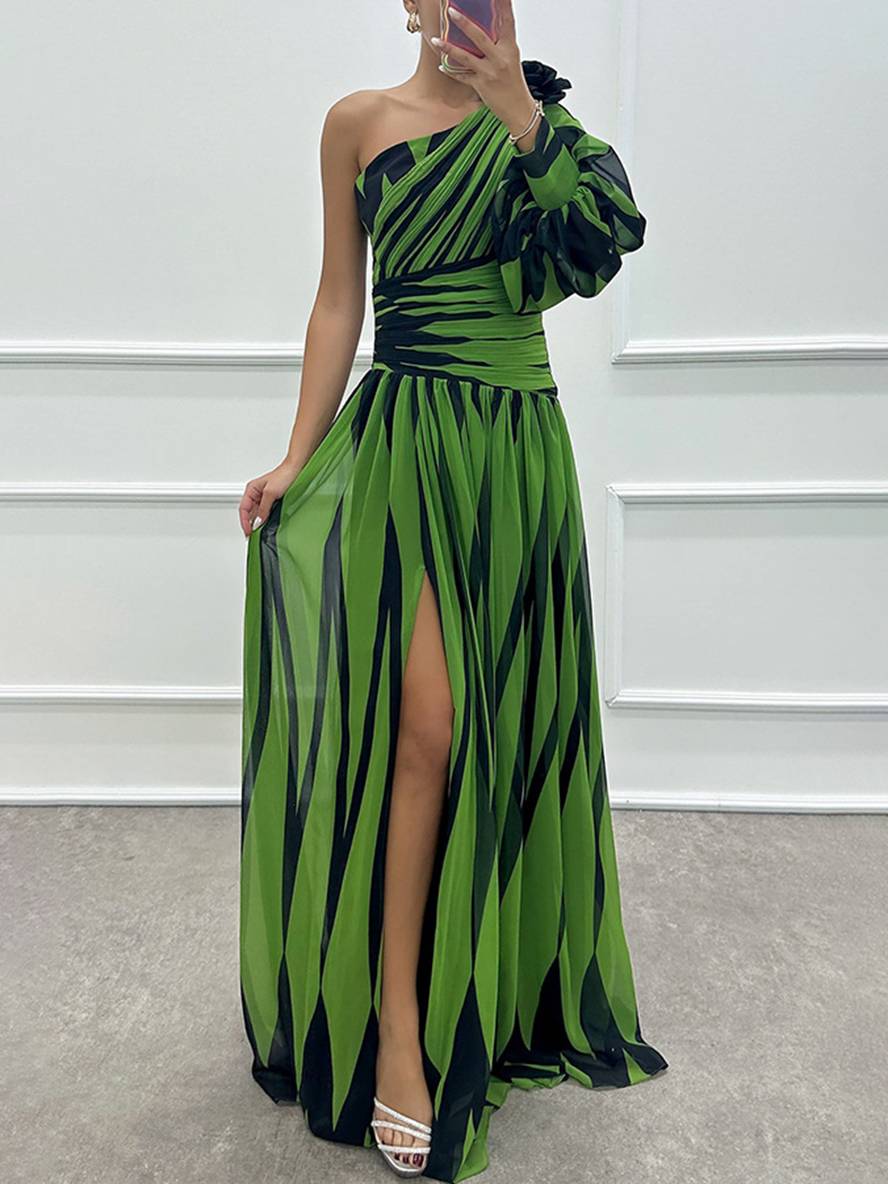 Levoire | Robe Longue Motif Zèbre Avec Fente Sur Le Côté Fluide Une Épaule Dames Élégant Soir Bal Promo Vert